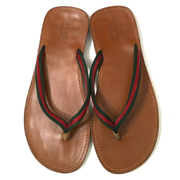Gucci Mens Brown Leather Thong Sandals 